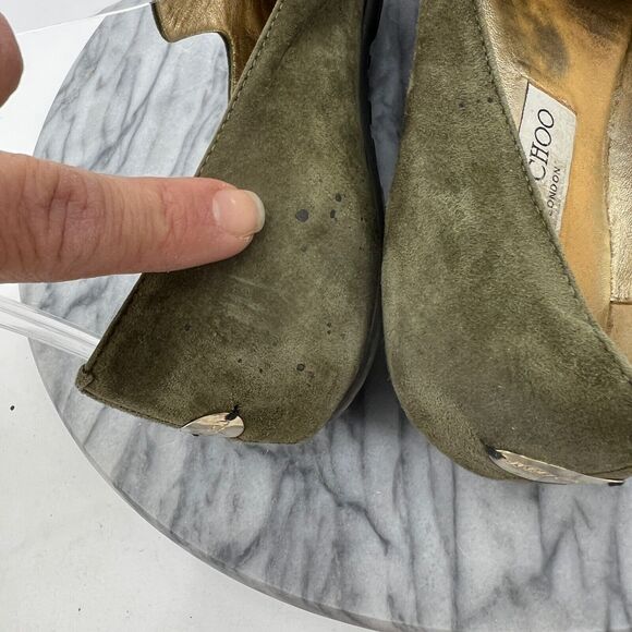 Jimmy Choo Womens 38 Loafer Moss Green Suede Slip On Patent Leather Cap Toe - Picture 7 of 14